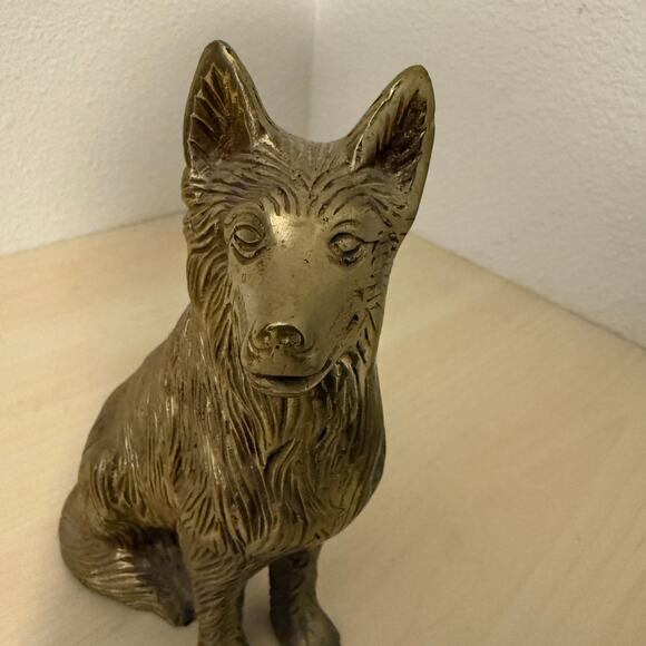 Vintage Solid Brass German Shepherd Statue Heavy Sitting Dog Figurine - Picture 4 of 5